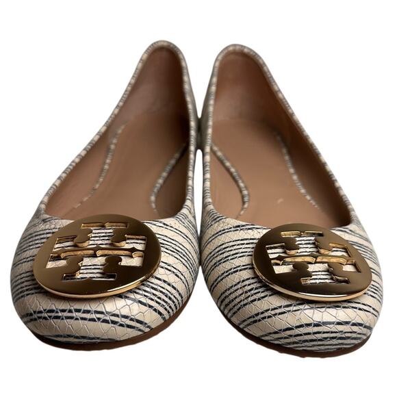 Tory Burch White Blue Striped Snake Leather Gold Logo Reva Ballet Flats Sz 11 M - Picture 6 of 15